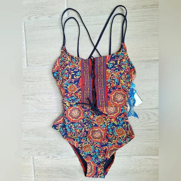 Skinny Dippers Women's Lace Up Front Removable Cup One-piece Swimsuit - Large - Picture 4 of 13